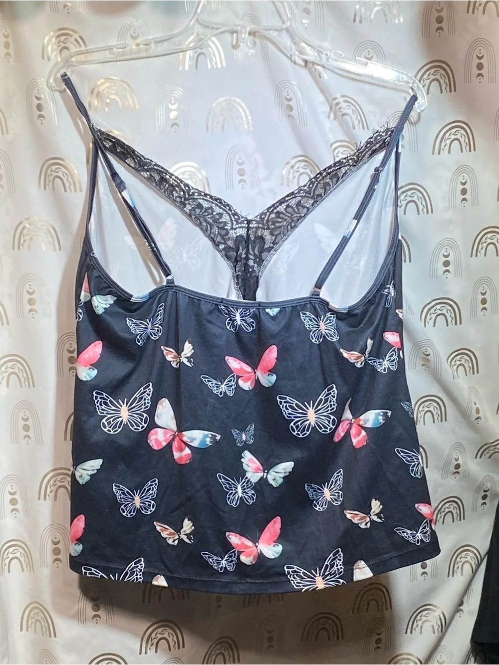 Women's Black Butterfly Print Lace-Trim Camisole & Shorts Set